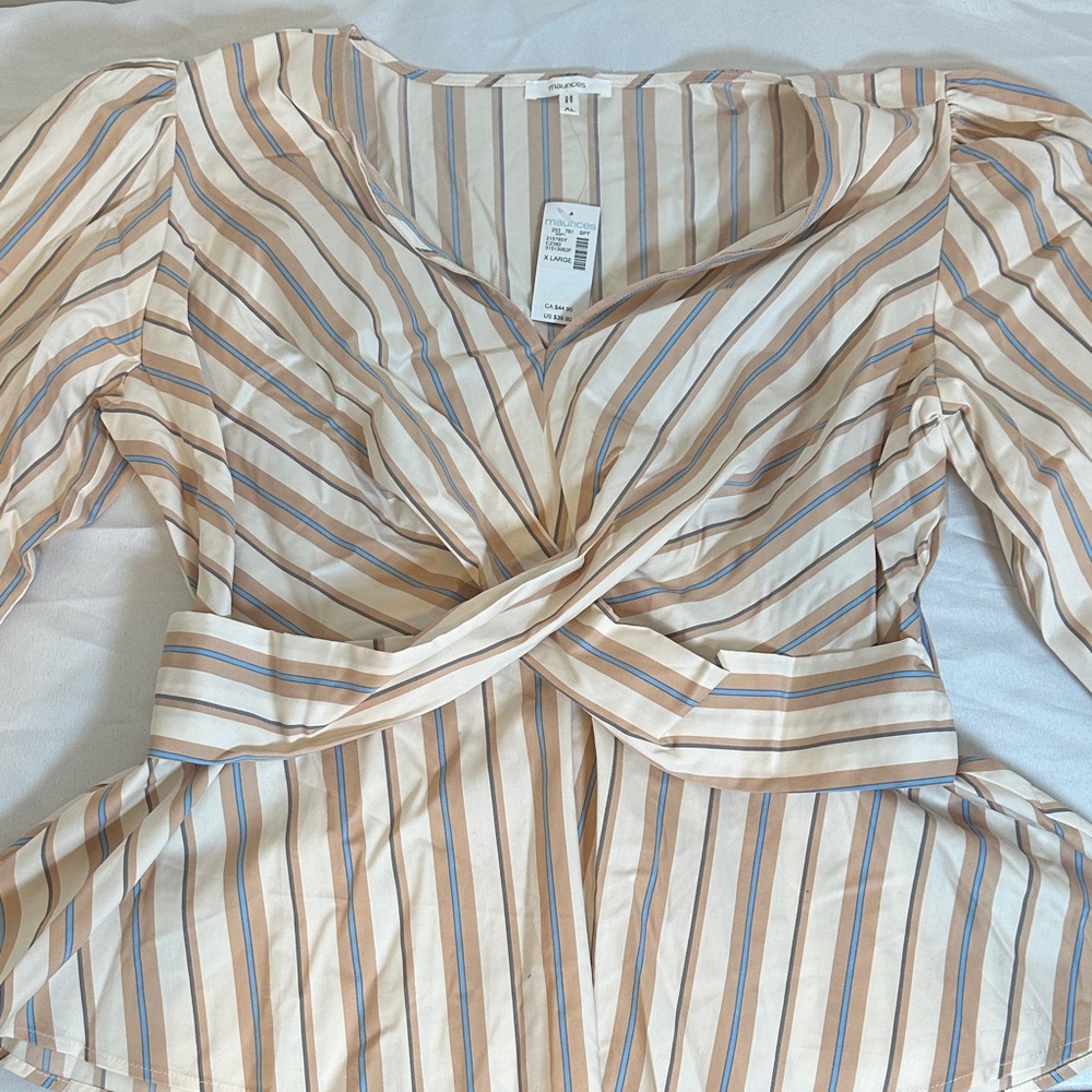 Maurices Size XL Beige and Blue Striped Wrap Blouse